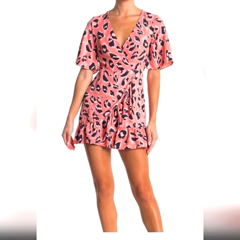 Topshop Coral Blair Leopard Print Wrap Mini Dress Size 6